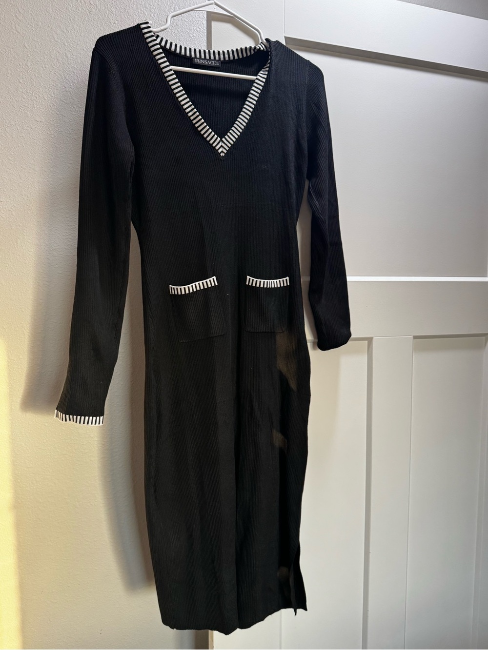 Black Ribbed V-Neck Sweater Dress with Contrast Trim